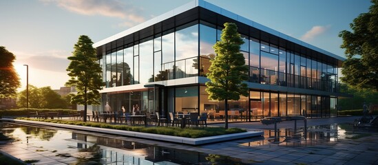 Portrait photo of glass office building exterior under clear sky and trees