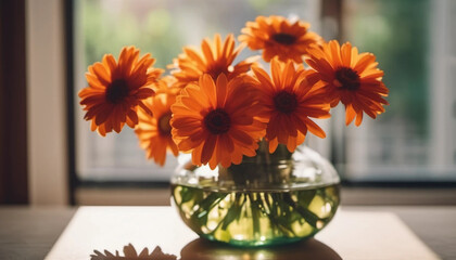 Orange flowers in a vase on the table at home. 