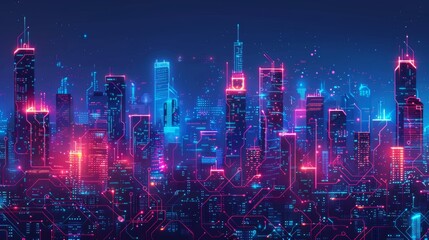 Fototapeta premium Futuristic Smart Cyber City: Innovative Urban Landscape in Digital Circuitry, futuristic technology concept, graphic banner design