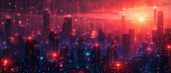 Obraz premium Futuristic Smart Cyber City: Innovative Urban Landscape in Digital Circuitry, futuristic technology concept, graphic banner design