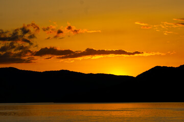 Breathtaking sunset over Djerdap gorge on the Danube river in Serbia
