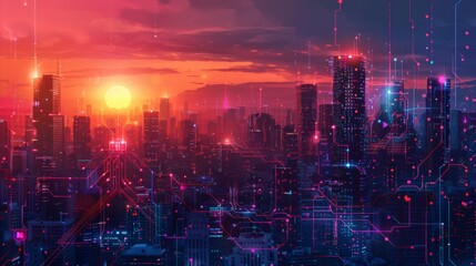 Fototapeta premium Futuristic Smart Cyber City: Innovative Urban Landscape in Digital Circuitry, futuristic technology concept, graphic banner design