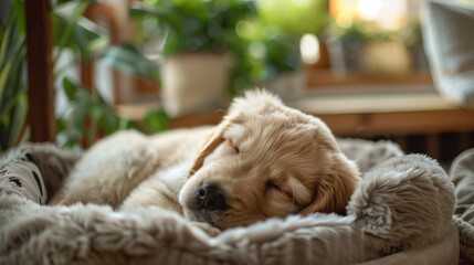 Sleeping Golden Retriever Puppy in Cozy Bed