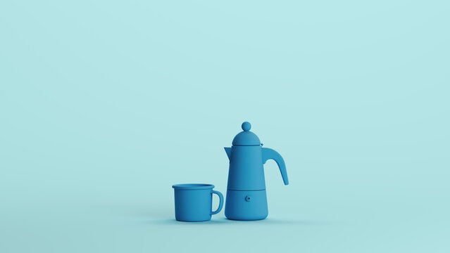 Blue coffee pot cafetiere coffeemaker handle retro vintage classic pale background 3d illustration render digital rendering