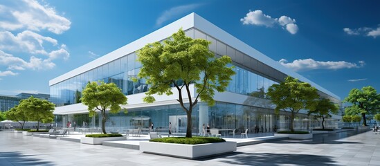 Portrait photo of glass office building exterior under clear sky and trees