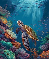 Obraz premium Sea Turtle Swimming Among Colorful Coral Reefs and Fish