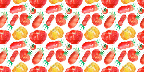 Watercolor illustrations of ripe tomatoes. Watercolour seamless pattern with red and yellow tomatoes on white backdrop. Tomato background for paste packaging design, juice label, banner vegan food.