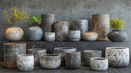 Naklejka premium Assorted handmade ceramic planters in varying shapes and sizes for unique plant displays