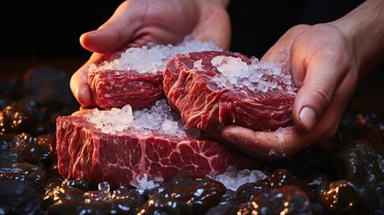 hands hold raw steak on rustic wooden cutting board on Cooking
