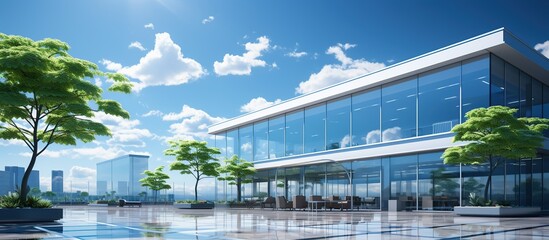 Portrait photo of glass office building exterior under clear sky and trees