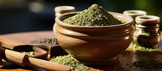 Organic green powder matcha in natural bowl on black table