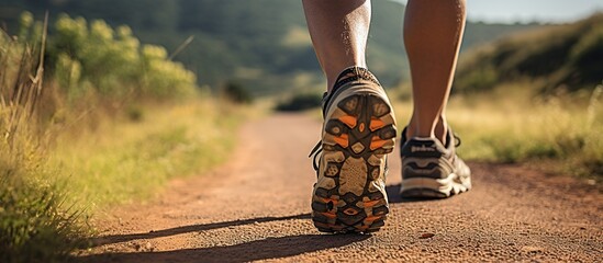 photo of man's legs in sports shoes running in the open air Man running jogging on the street Health activity