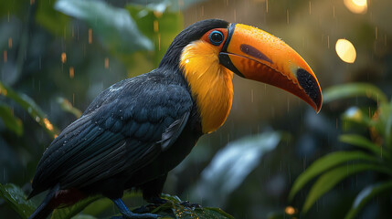 Fototapeta premium toucan on a tree in the rain