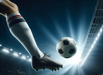 Realistic illustration of soccer player kicking ball at stadium.