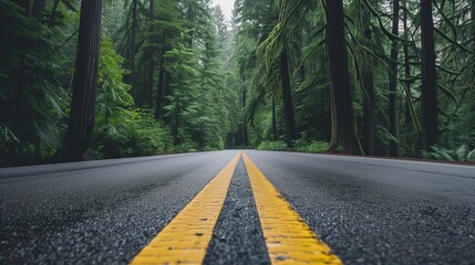 Low angle empty road through the forest with two yellow stripes photo