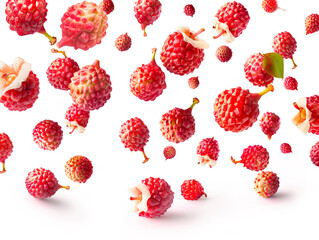 photography of LYCHEE falling from the sky, hyperpop colour scheme. glossy, white background Whole lychee and opened lychee fruit falling on a white background.