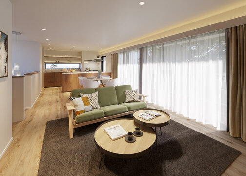 大きな窓と間接照明の明るいリビングルーム