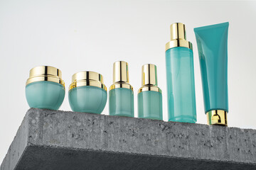 Сontrast in textures: gentle nourishing skincare collection in elegant turquoise bottles with...
