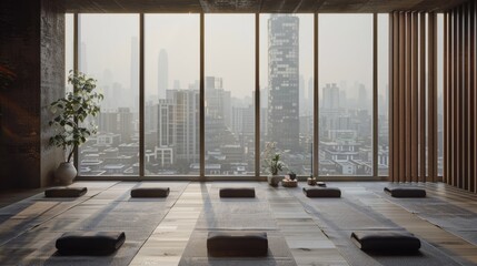 a futuristic yoga sanctuary with a living room design that merges serenity with innovation, inviting practitioners to immerse themselves in a realm of tranquility and possibility.