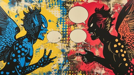 A painting of two demons arguing, one blue and one red, with speech bubbles.