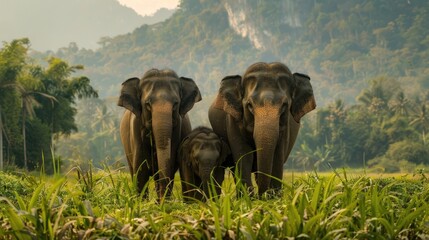 Asian elephants family in their natural habitat