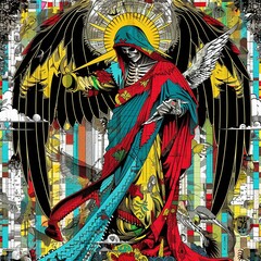 Obraz premium A skeleton wearing a red and blue robe with angel wings and a halo holding a knife and a heart.