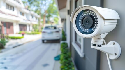 a sleek, white outdoor camera with a solar panel, seamlessly mounted on the wall of an urban home, positioned at eye level to capture a wide-angle view of the surroundings with precision.