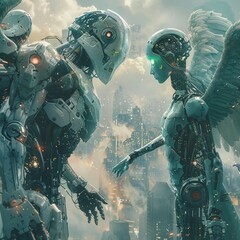 Fototapeta premium An epic battle between two robots in a destroyed city.