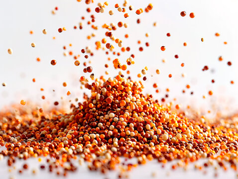 photography of MILLET falling from the sky, hyperpop colour scheme. glossy, white background Yellow millet background. The view from top