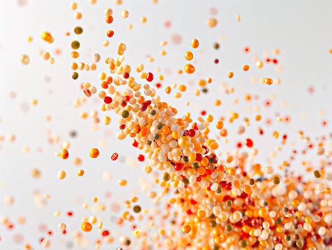 photography of MILLET falling from the sky, hyperpop colour scheme. glossy, white background Yellow millet background. The view from top