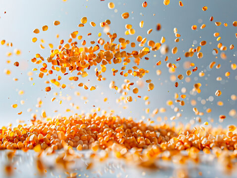 photography of MILLET falling from the sky, hyperpop colour scheme. glossy, white background Yellow millet background. The view from top