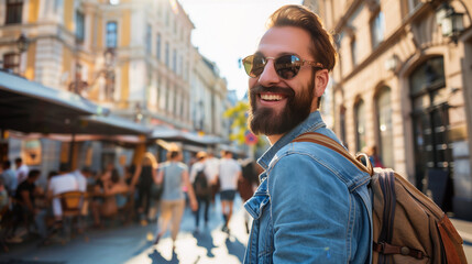 Happy Bearded Man Wearing Sunglasses on City Street
