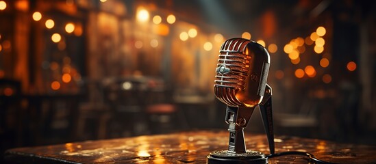 photo Retro microphone isolated in dark on stage Dark night background