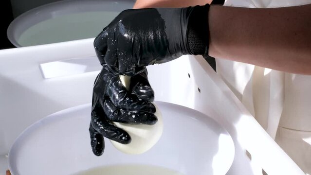 female hands in black gloves prepare Mozzarella cheese, form circles