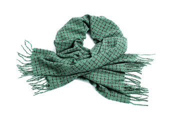 One beautiful green scarf on white background, top view