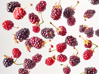 photography of MULBERRIES falling from the sky, hyperpop colour scheme. glossy, white background Blackberry fruit and half sliced isolated on white background.