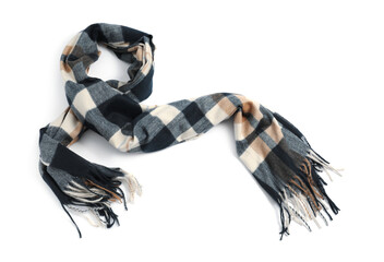 One beautiful checkered scarf on white background, top view