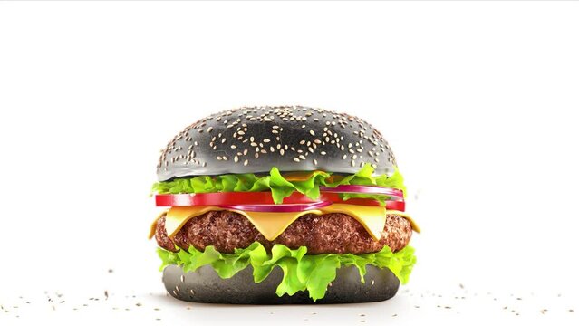 Burger rotating beef, bun, vegetables slow motion, depth of field