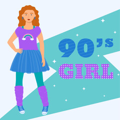 A girl in a T-shirt, skirt and leggings in a retro style. 90 characters. y2k characters. Fashion of the 90s.