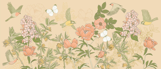 pink peony flowers, lilac, butterflies and robin birds, vector drawing floral composition, flowering garden , hand drawn natural illustration © cat_arch_angel