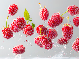 photography of MULBERRIES falling from the sky, hyperpop colour scheme. glossy, white background Blackberry fruit and half sliced isolated on white background.