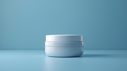 A white jar of cream sits on a blue table