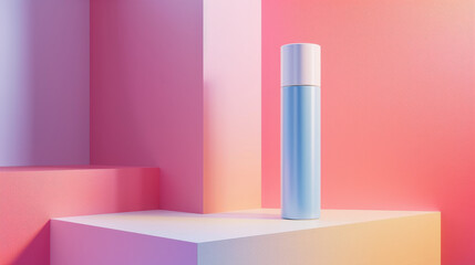 A blue bottle of perfume is sitting on a white pedestal in front of a pink wall