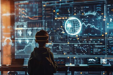 Futuristic Concept: School teacher with interactive digital blackboard, in classroom, educational content streaming. EdTech, digital learning environments. , background blur