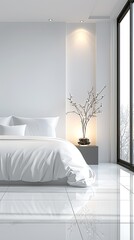 a white bedroom interior, illuminated by the gentle glow of LED lights as evening falls, portrayed through a futuristic photography style that infuses the space with a sense of avant-garde elegance.