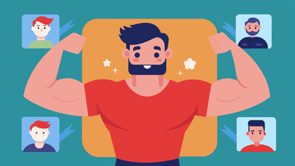 A man is reluctant to post a photo of himself on social media because he is selfconscious about his body not looking as toned and muscular as others he sees online.. Vector illustration