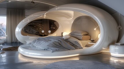 a white bedroom interior, illuminated by the gentle glow of LED lights as evening falls, portrayed through a futuristic photography style that infuses the space with a sense of avant-garde elegance.