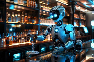 Fototapeta premium A robot serves drinks in a futuristic high-tech bar.