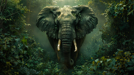 A majestic large elephant standing serenely in the dense jungle, surrounded by lush greenery and bathed in soft, diffused light, creating an ethereal and powerful scene.