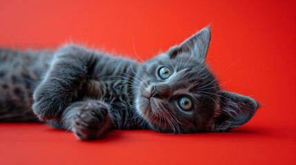 Obraz premium A playful and endearing scene of a grey kitten lying on its back against a vibrant red background, showcasing its curious eyes and soft fur in a photorealistic style.